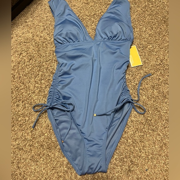 NWT MICHAEL Michael Kors Shirred Plunge One Piece Swimsuit blue 12 - Picture 2 of 5